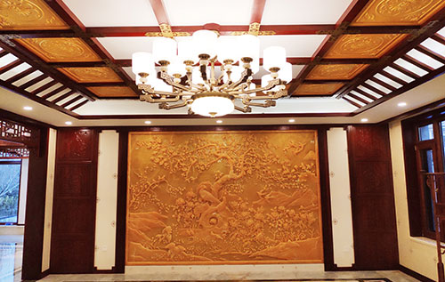 姜堰中式别墅客厅中式木作横梁吊顶装饰展示
